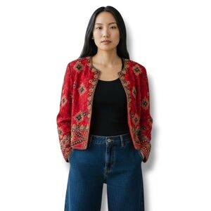 Vintage Monika Silk Beaded Jacket Rare Red M Embroidered Boho Glam Luxe Couture